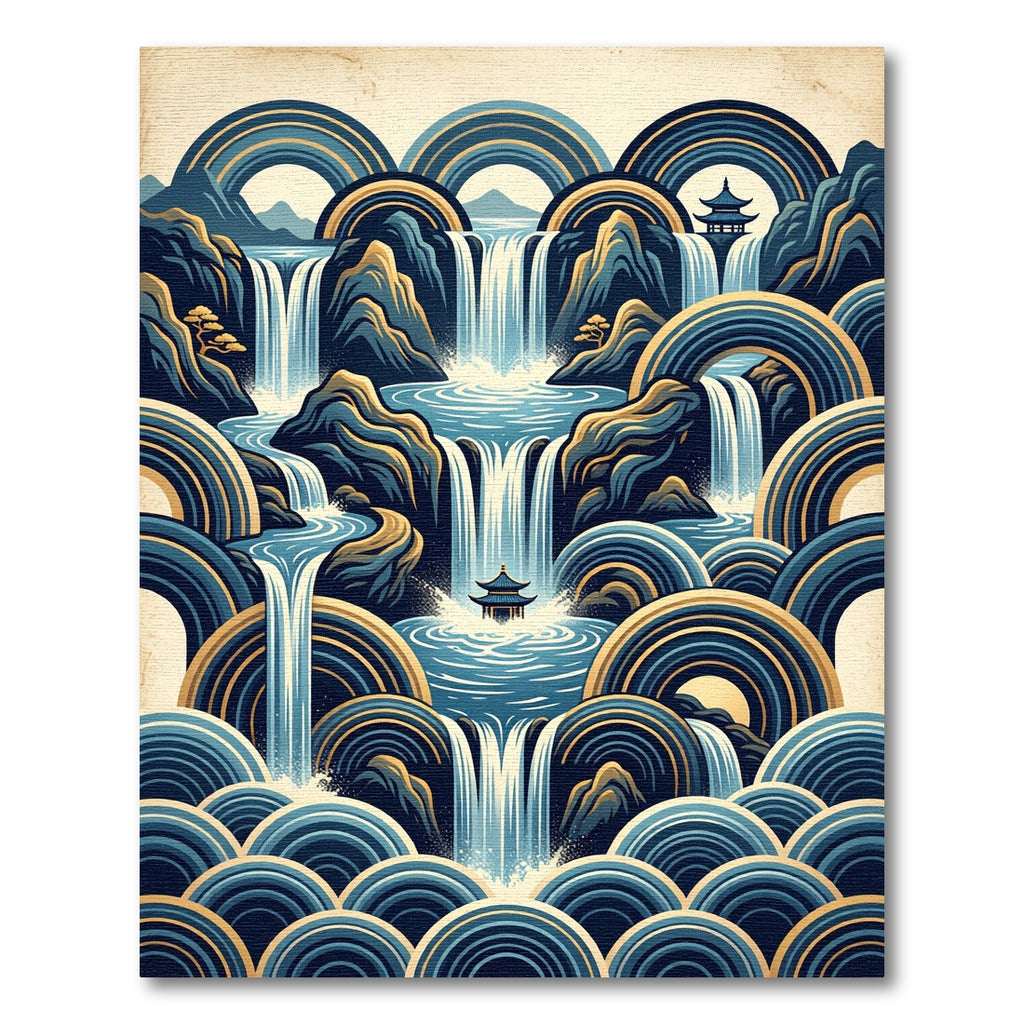 Zen Blue Waterfall Pagoda Geometric Landscape Rug