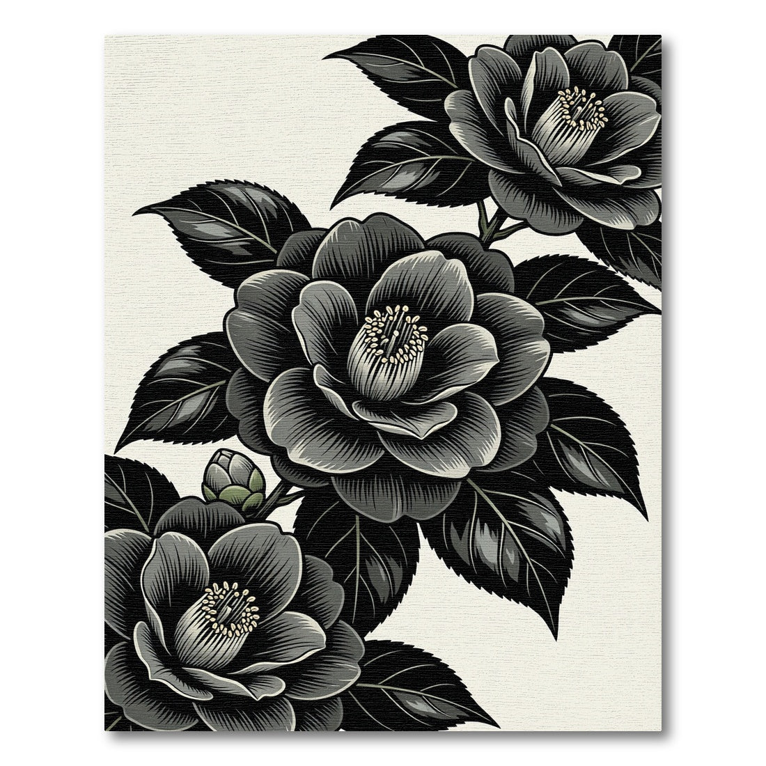 Monochromatic Botanical Camellia Floral Branch Rug