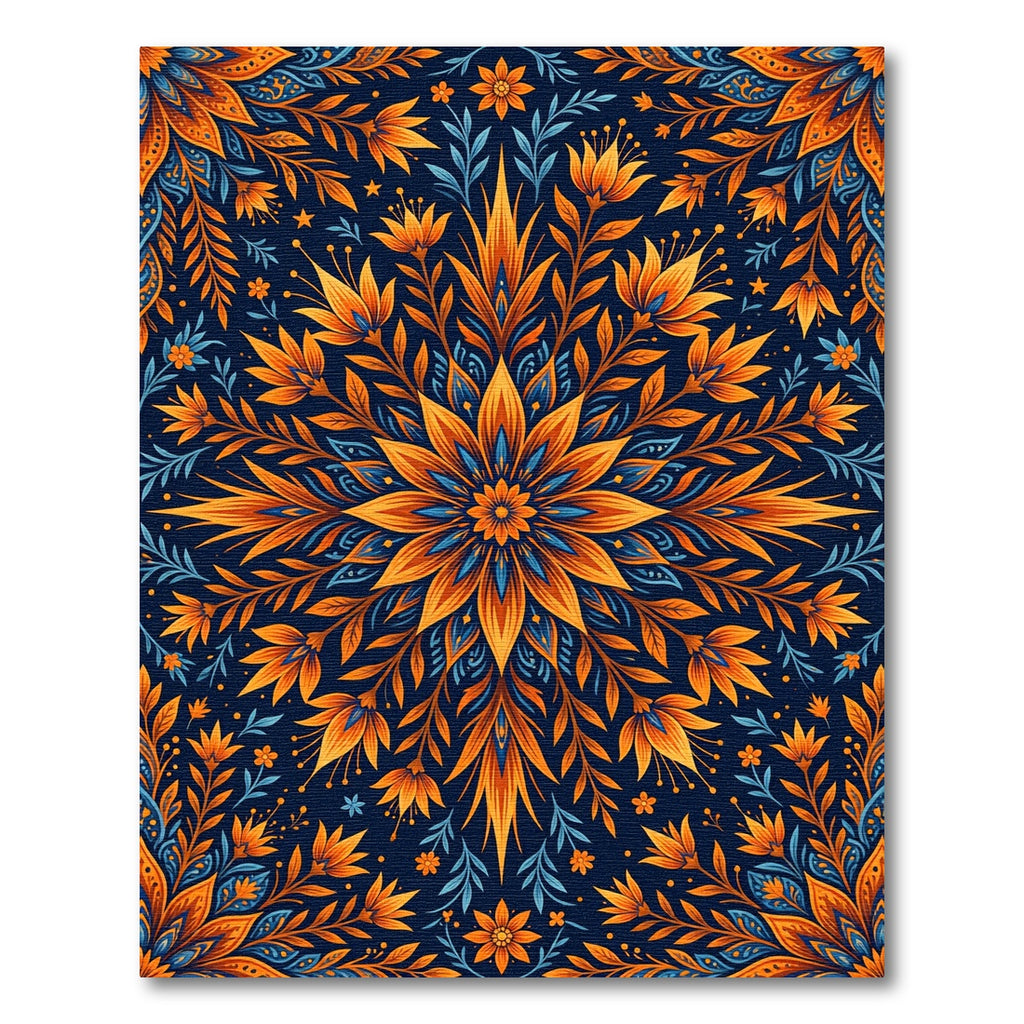 Vibrant Orange Blue Floral Mandala Rug