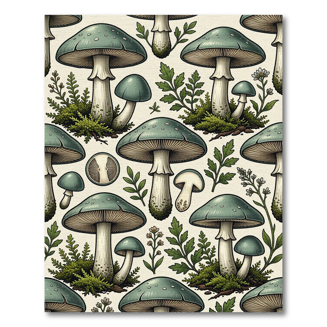 Sage Green Mushroom Forest Floor Illustration Rug