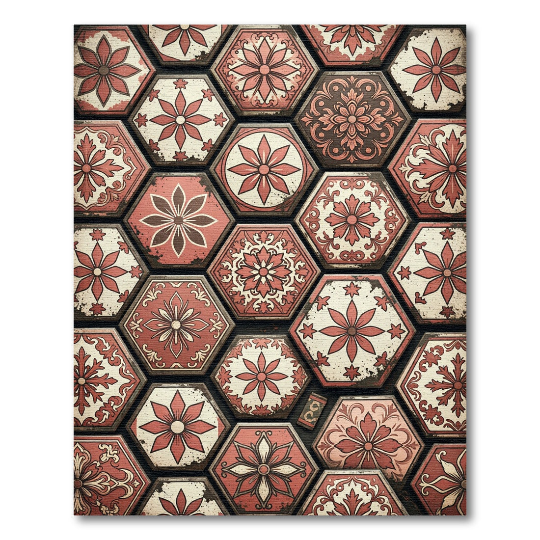 Vintage Red Floral Hexagon Medallion Rug