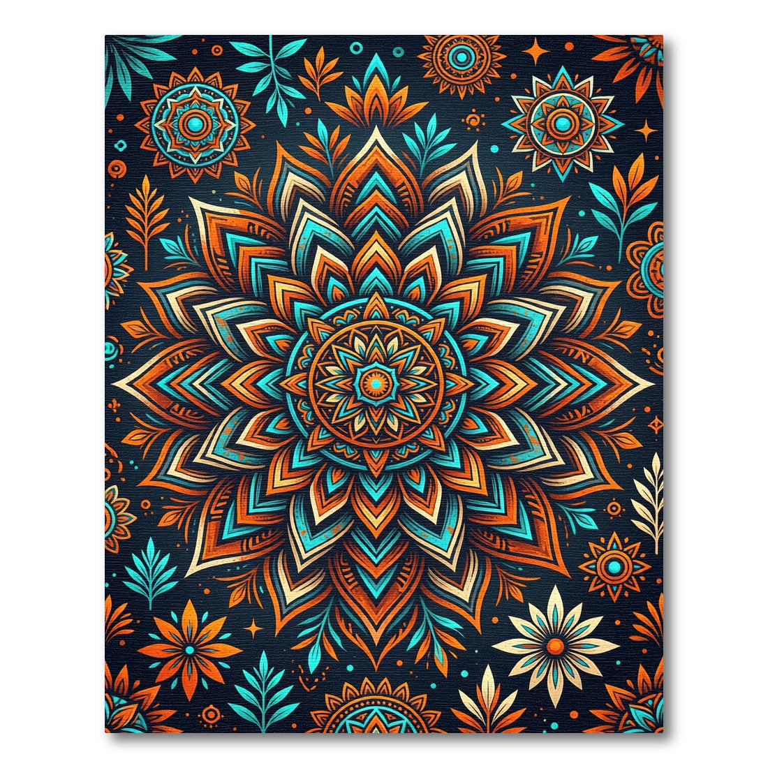 Vibrant Teal and Orange Floral Mandala Rug