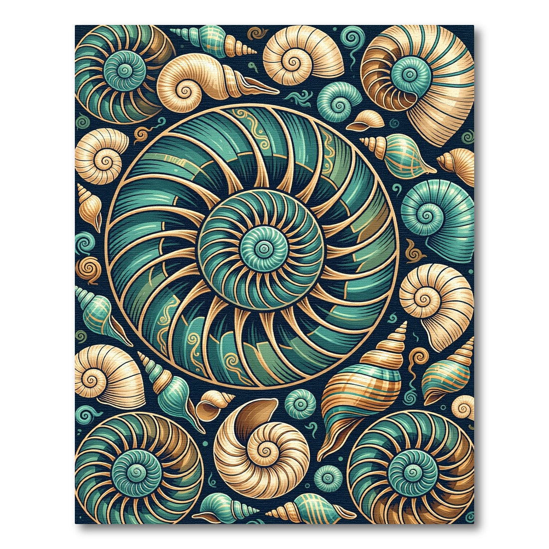 Teal Gold Nautilus Shell Collage Rug
