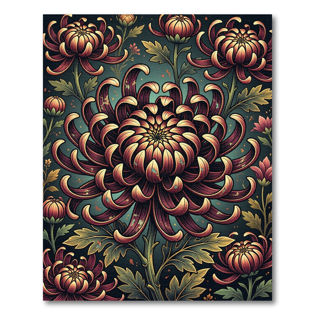 Dark Crimson Chrysanthemum Floral Botanical Art Rug