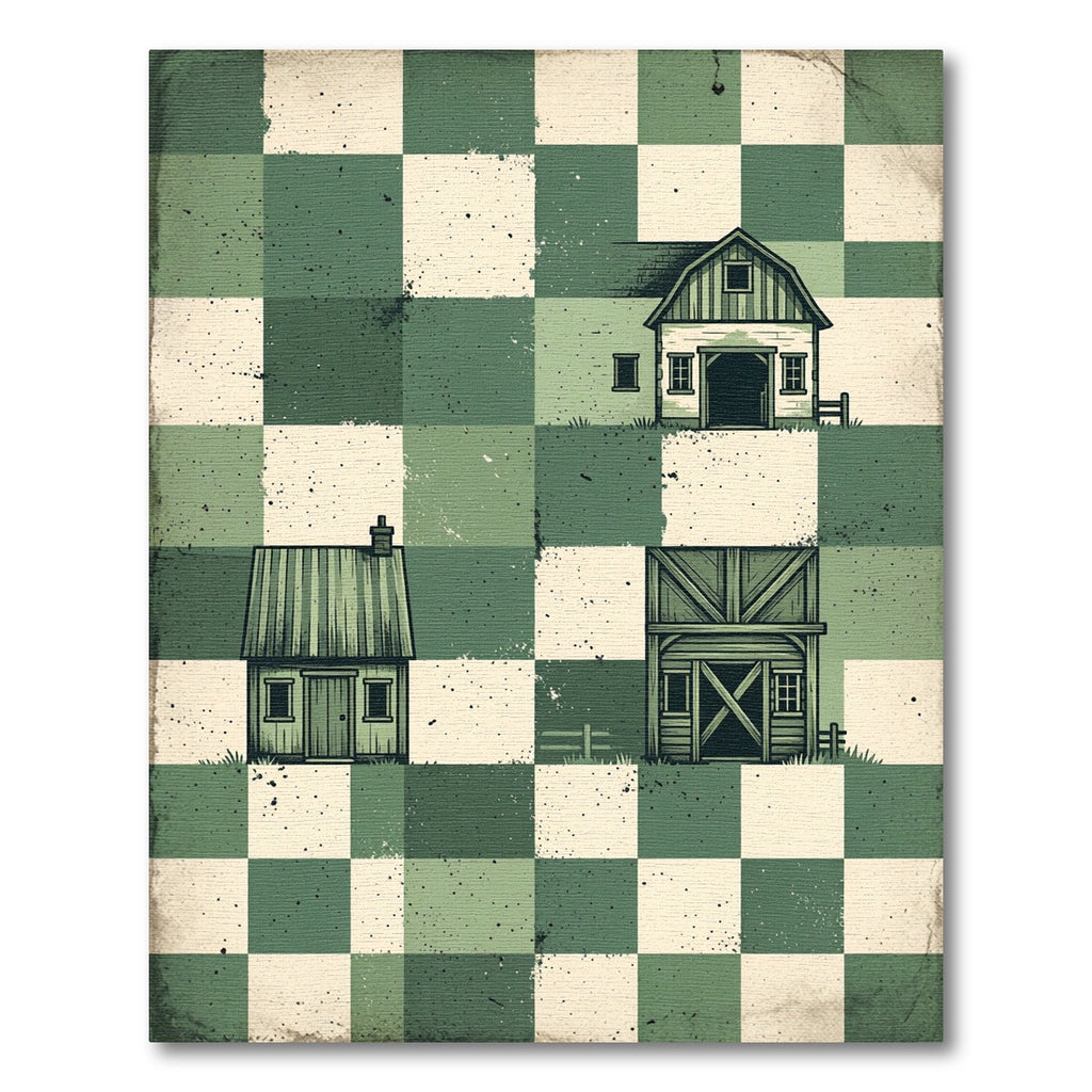 Sage Green Checkerboard Farmstead Illustration Rug