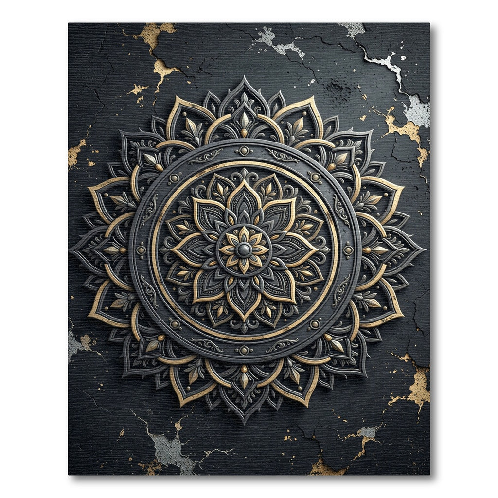 Elegant Black Gold Metallic Mandala Rug
