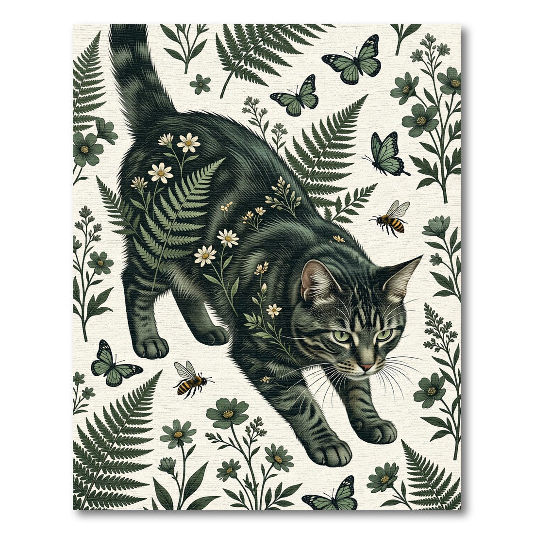 Whimsical Dark Forest Cat Fern Meadow Rug