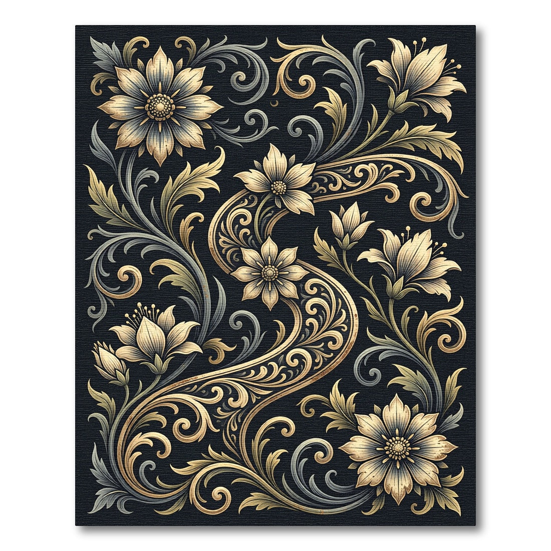 Elegant Gold Floral Swirl Botanical Rug