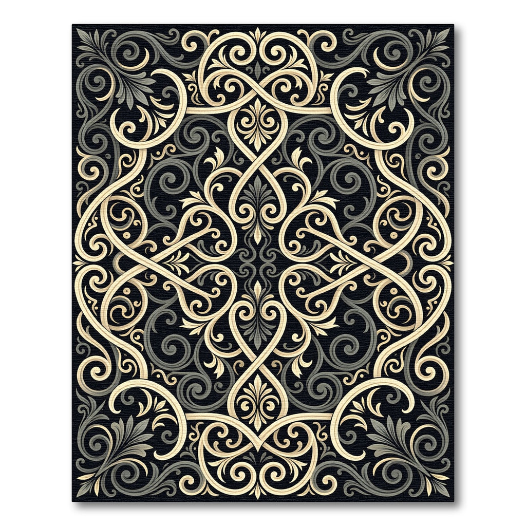 Elegant Black and Gold Filigree Scroll Rug