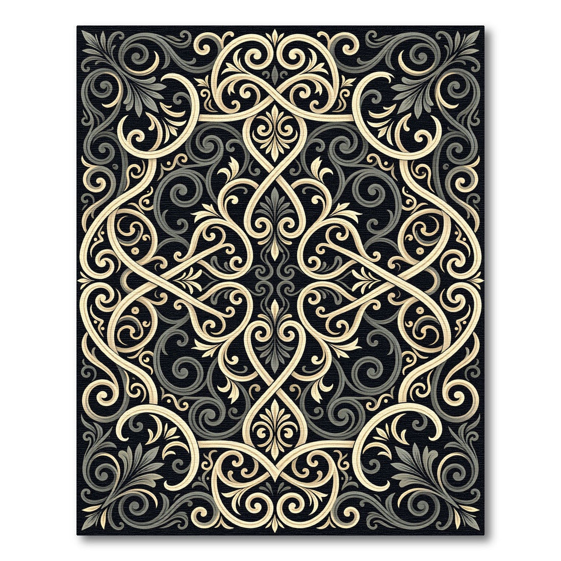 Elegant Black and Gold Filigree Scroll Rug