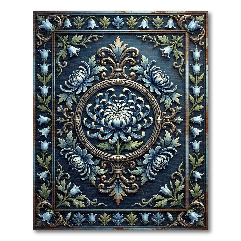 Midnight Blue Chrysanthemum Ornate Floral Crest Rug