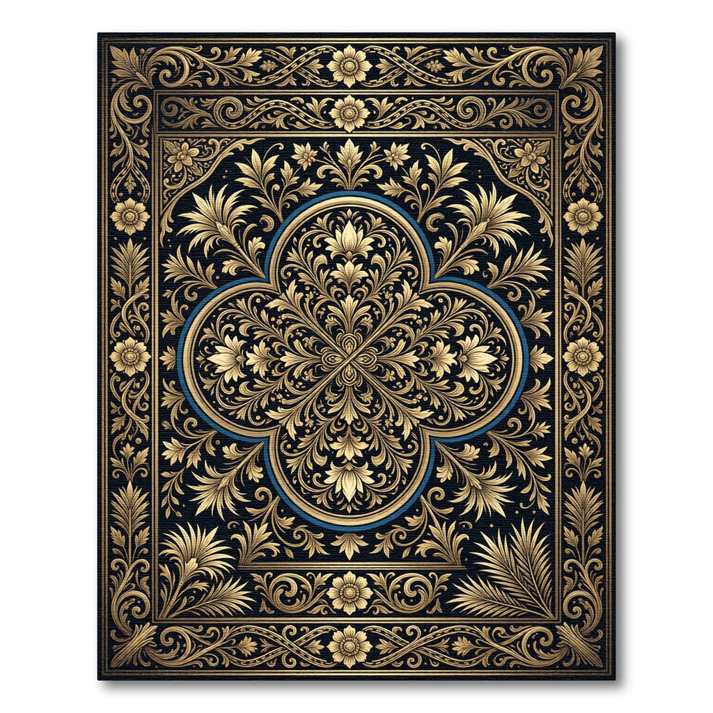 Ornate Gold Floral Damask Black Rug