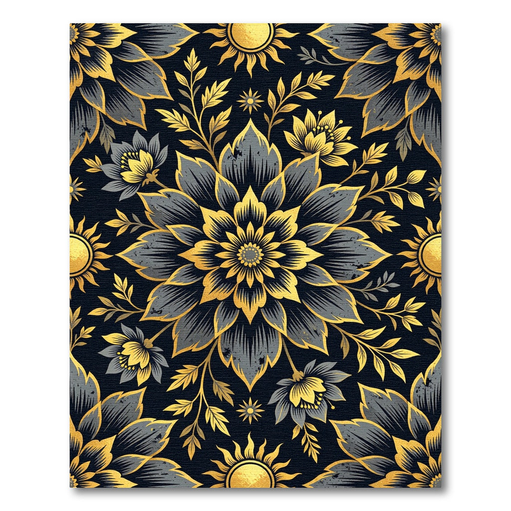 Golden Floral Medallion on Charcoal Rug