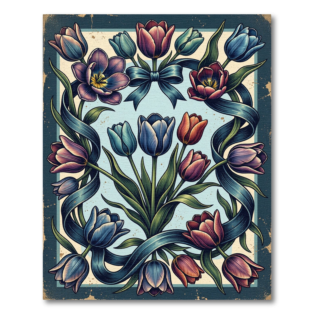 Enchanted Vintage Navy Tulip Ribbon Bouquet Rug