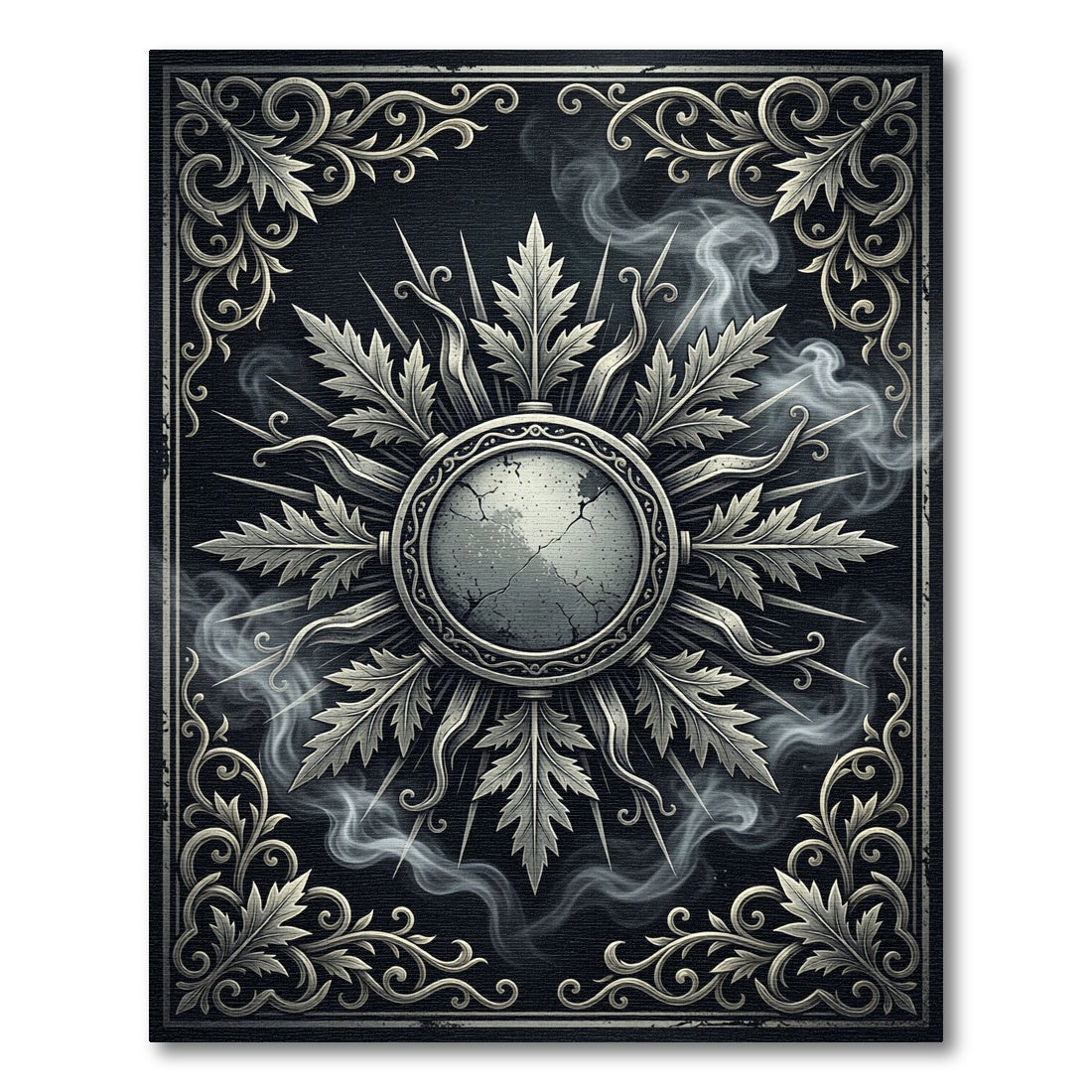 Gothic Silver Foliage Cracked Medallion Rug