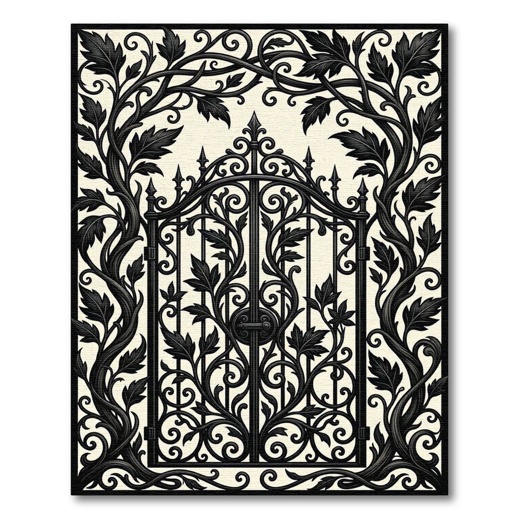 Gothic Black Iron Scroll Floral Arch Rug