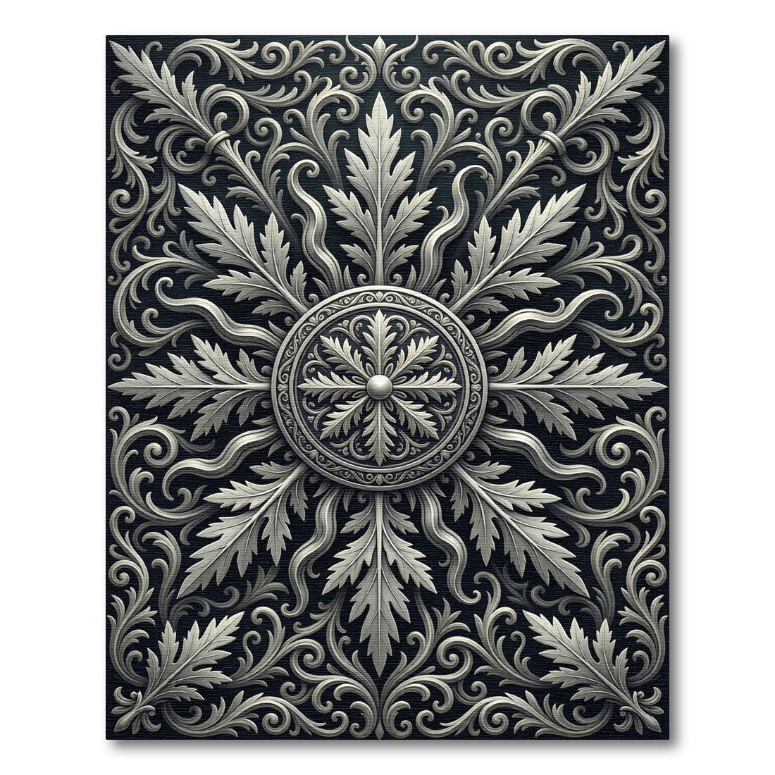 Ornate Silver Acanthus Scrollwork Rug