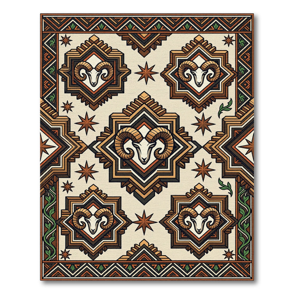 Geometric Ram Star Earthy Tone Tapestry Rug
