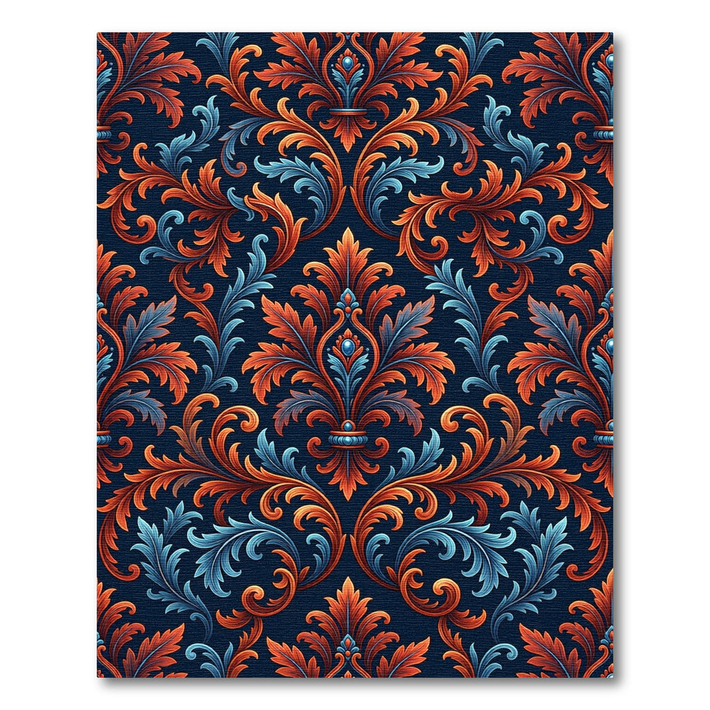 Ornate Burnt Orange Blue Damask Rug