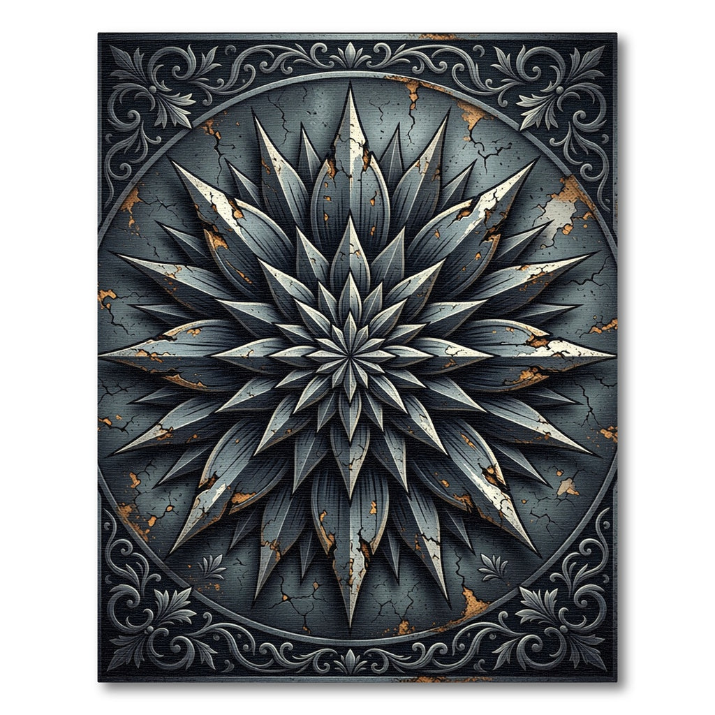 Distressed Gray Metallic Starburst Medallion Rug