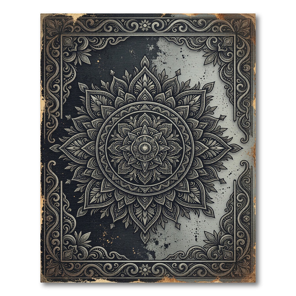 Monochrome Intricate Mandala Floral Frame Rug