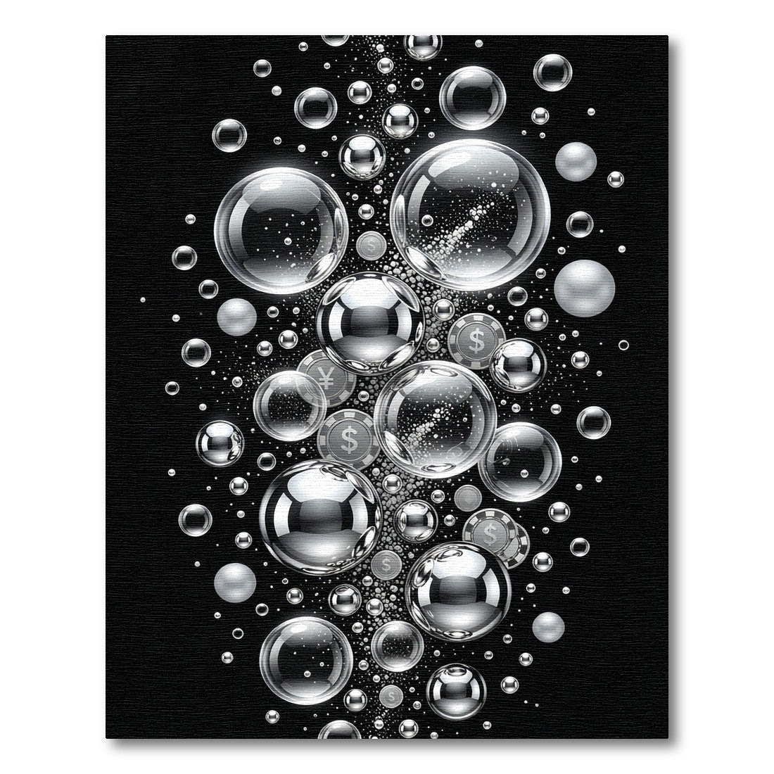 Monochrome Metallic Bubbles and Floating Currency Rug