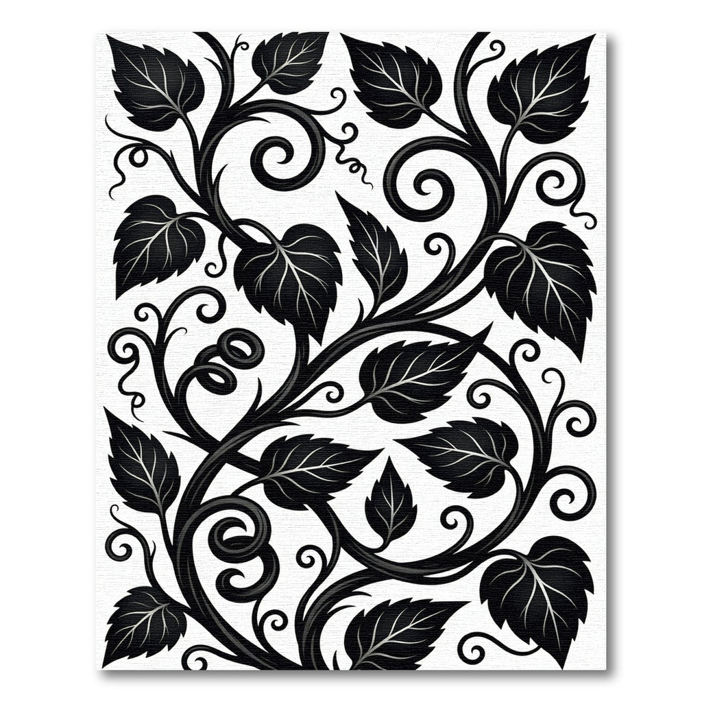 Black Vine Scroll Leafy Composition Rug