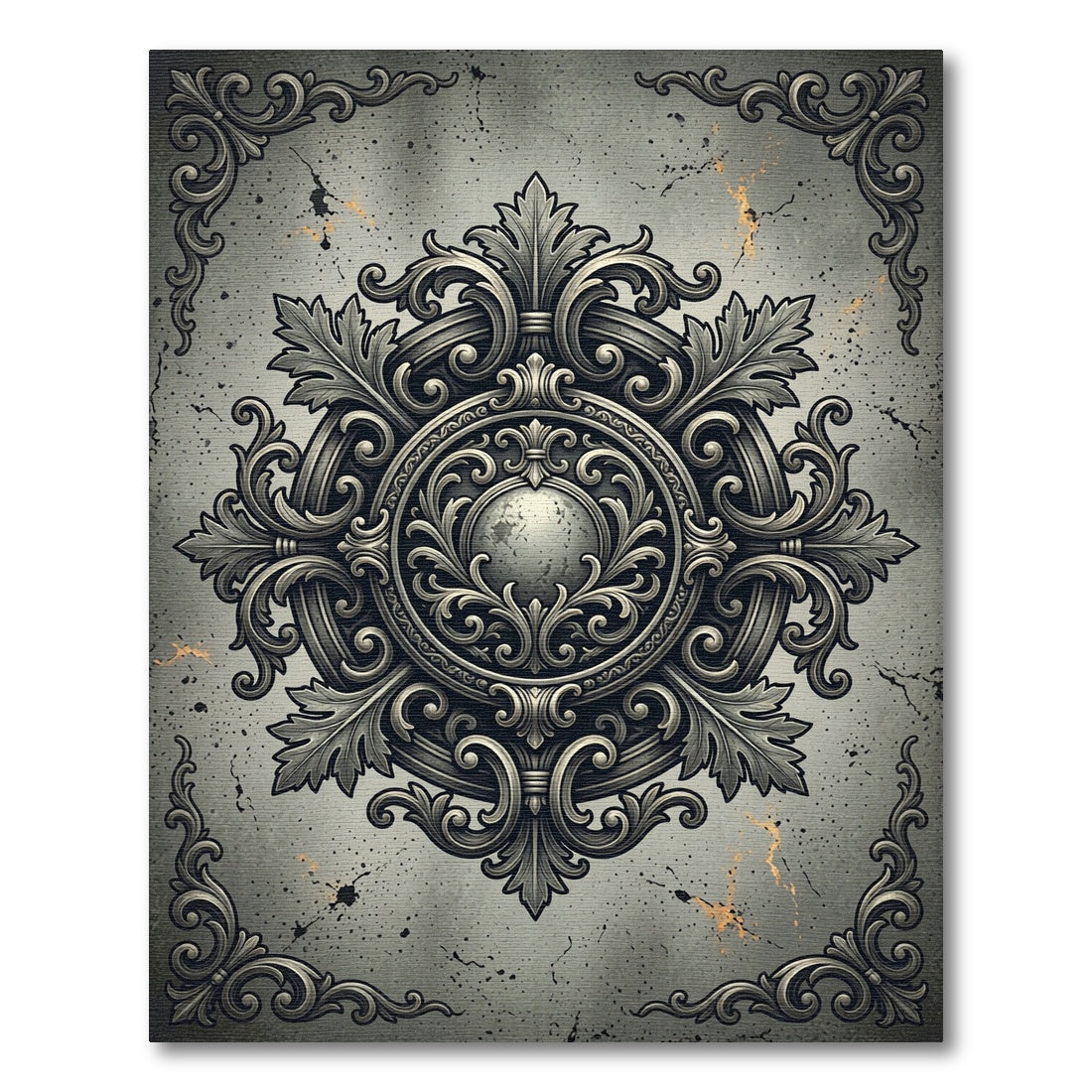 Ornate Charcoal Damask Filigree Medallion Rug