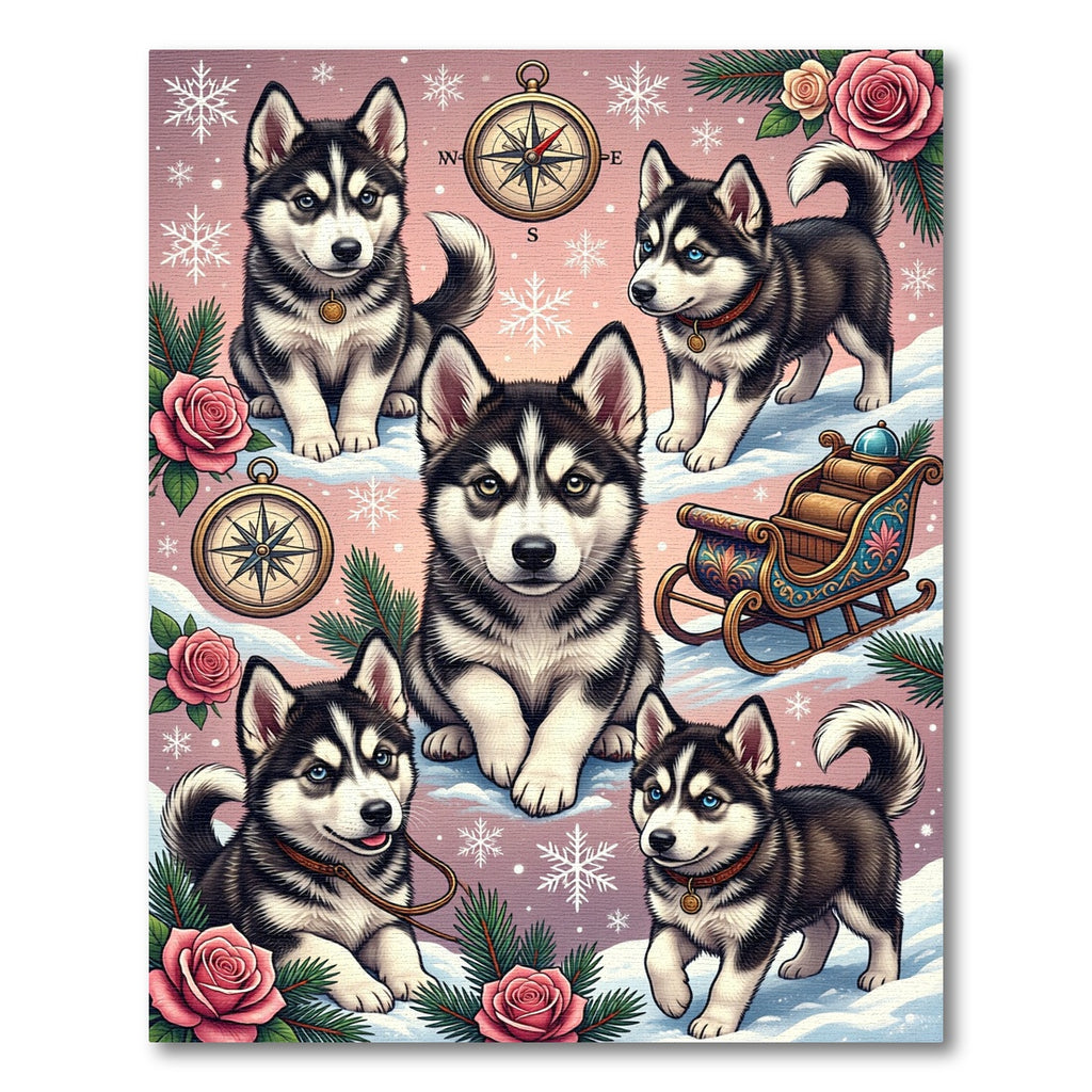 Cute Husky Puppies Winter Rose Sleigh Rug