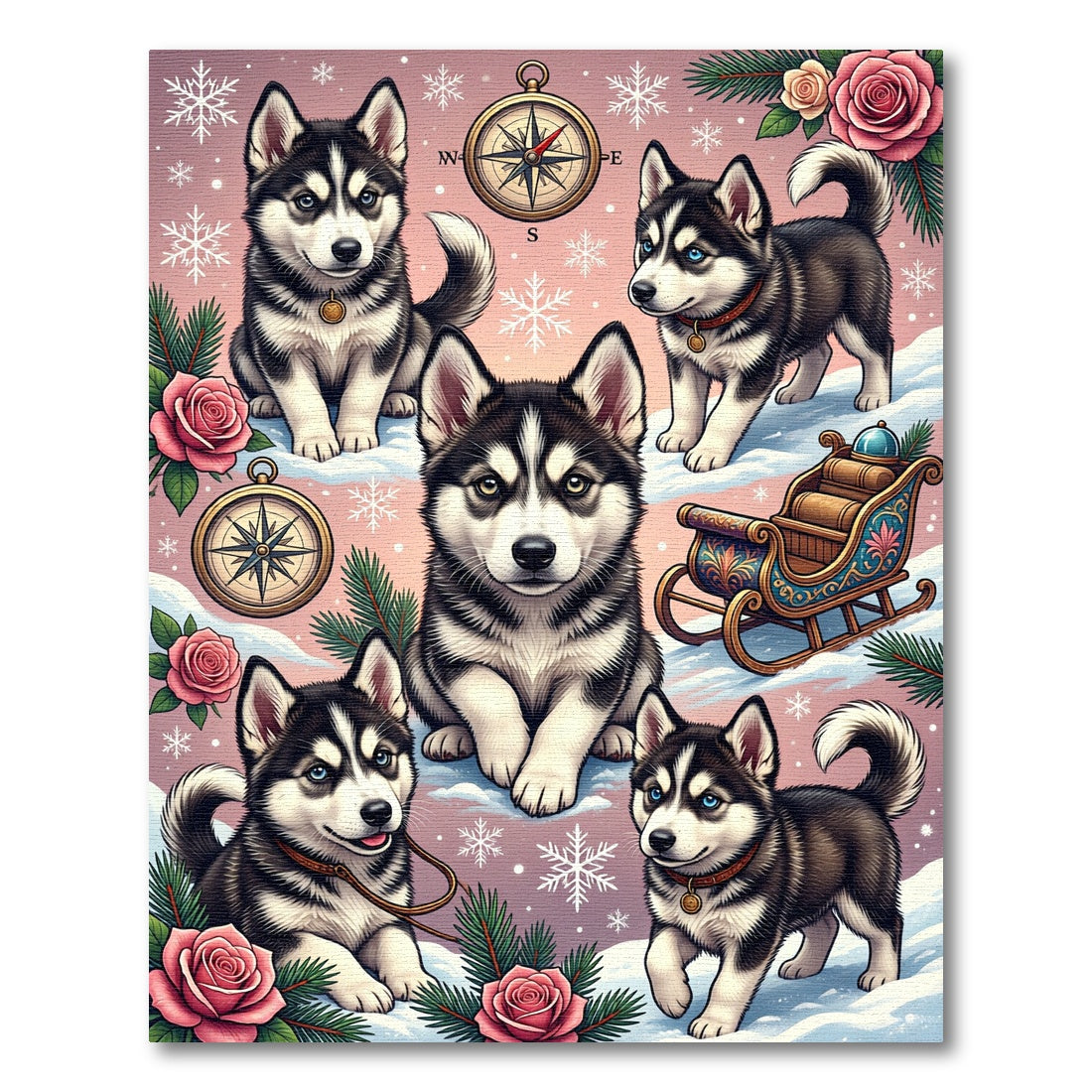 Cute Husky Puppies Winter Rose Sleigh Rug