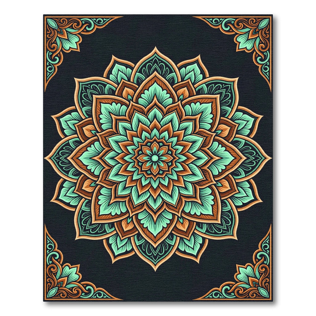 Teal and Amber Mandala Floral Medallion Rug
