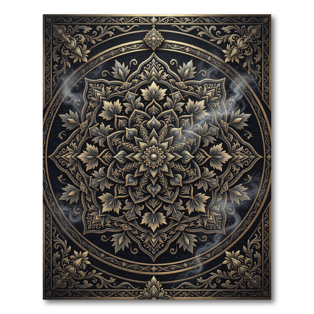 Ornate Gold Black Mandala Floral Rug