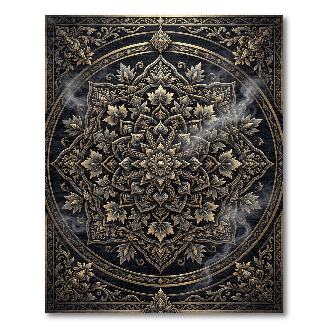 Ornate Gold Black Mandala Floral Rug