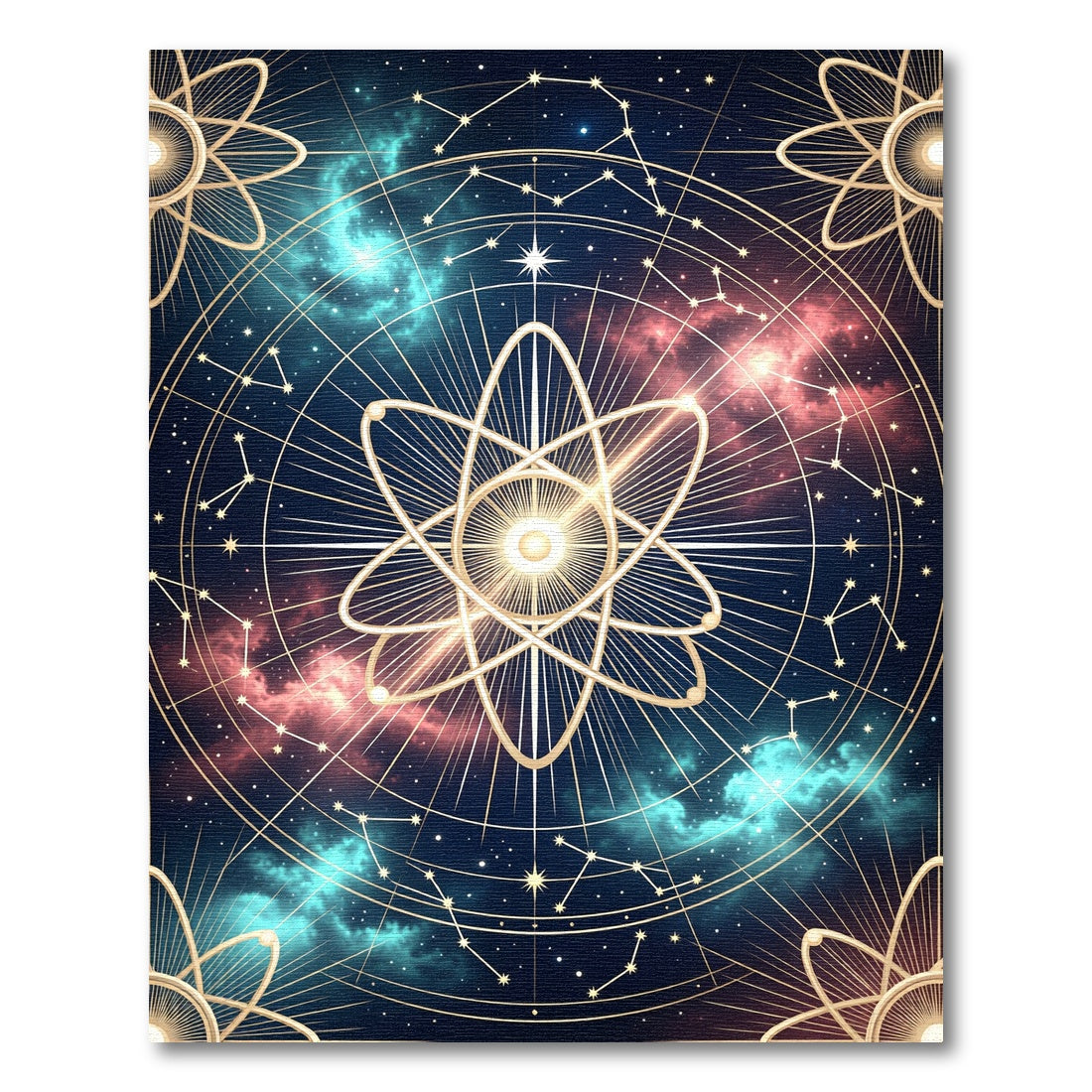 Celestial Nebula Golden Atom Galaxy Rug