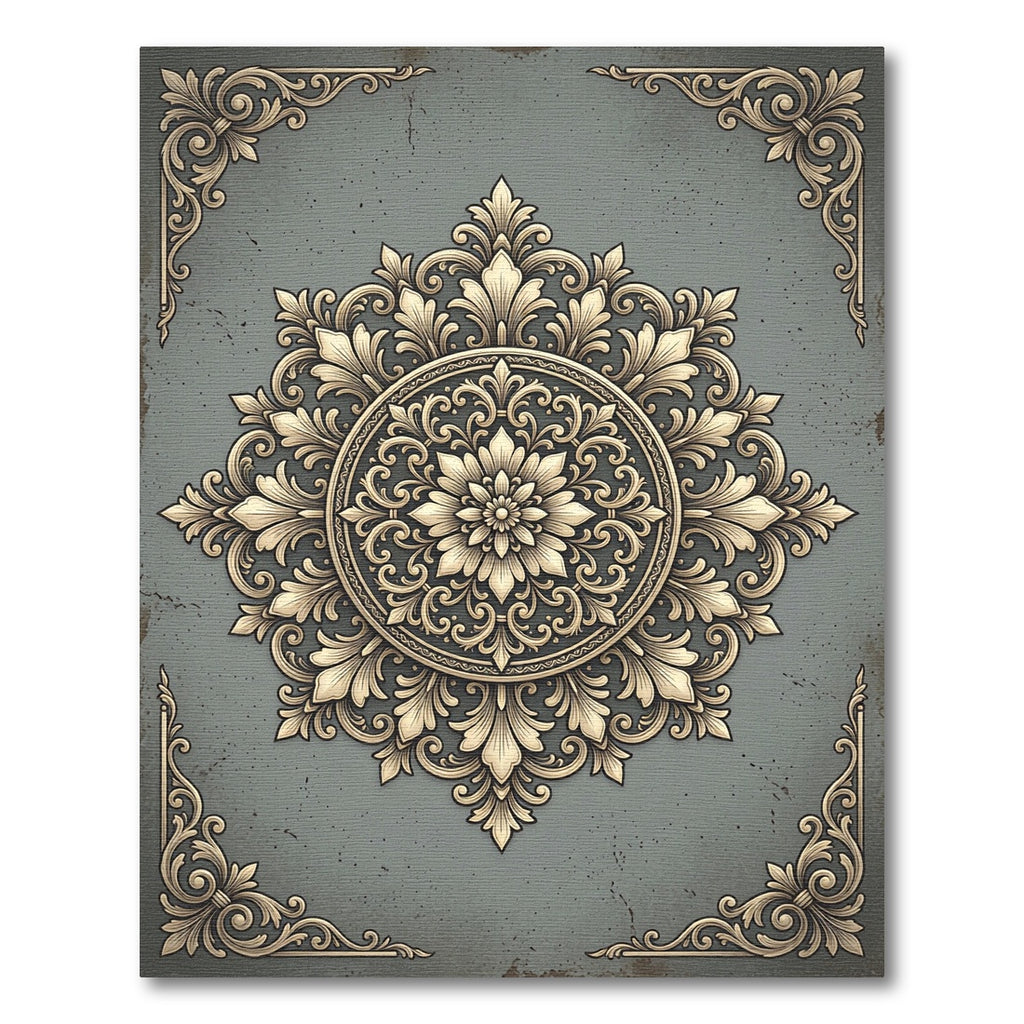 Ornate Golden Floral Gray Medallion Rug