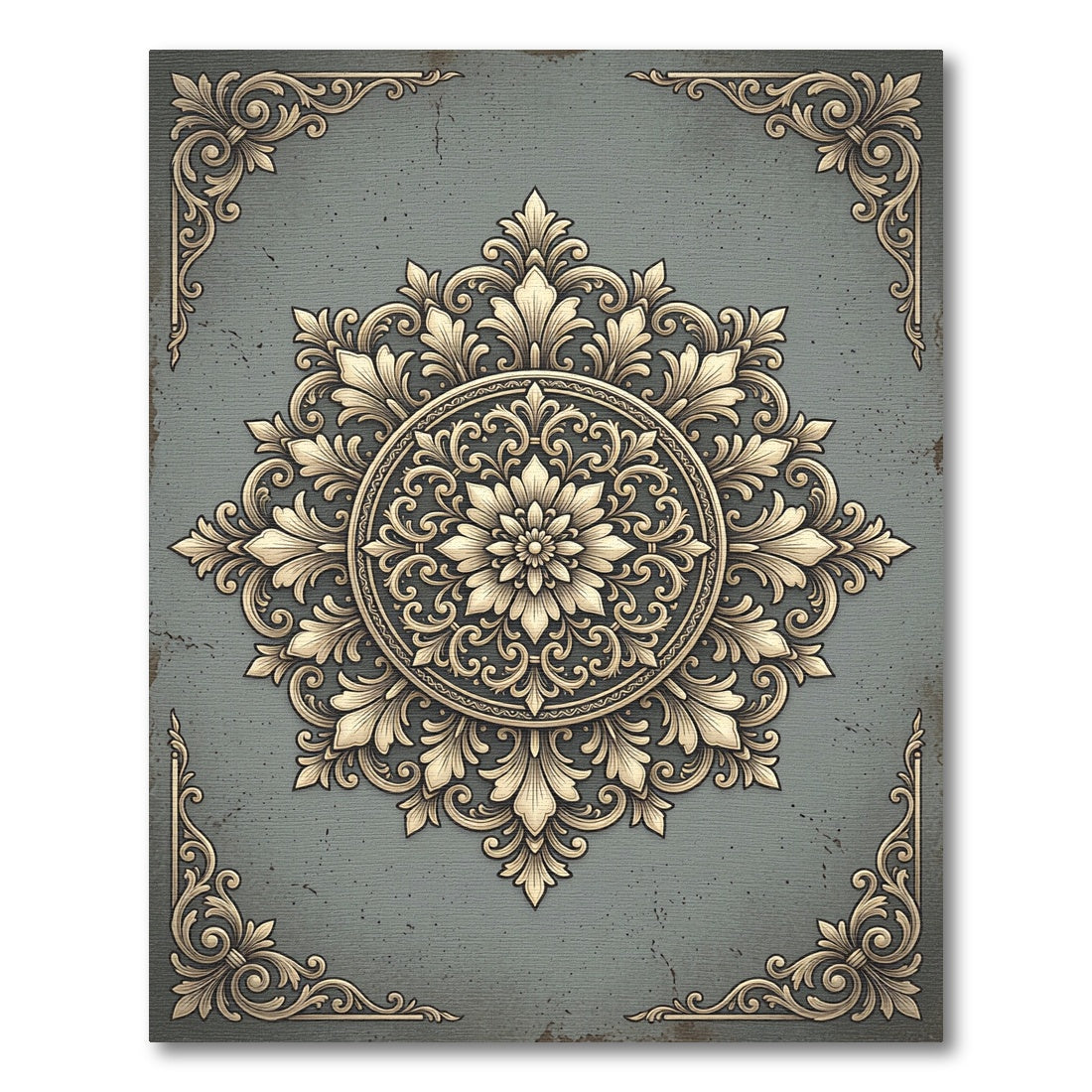Ornate Golden Floral Gray Medallion Rug