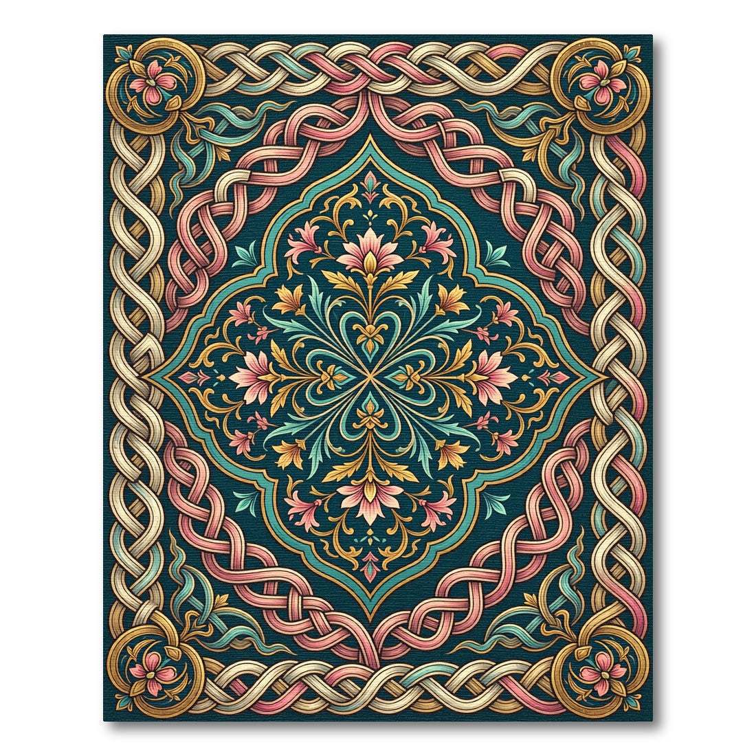 Ornate Teal Pink Floral Woven Medallion Rug