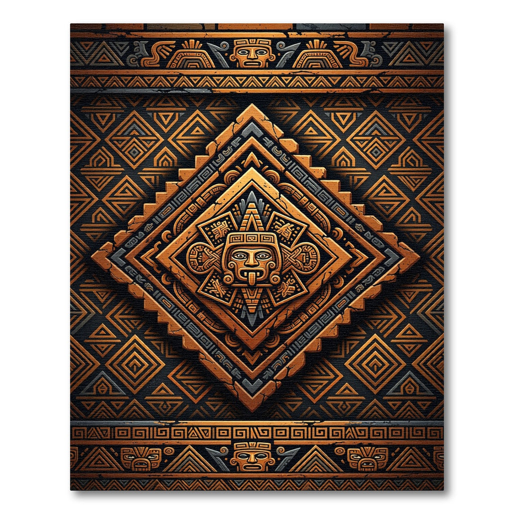 Ancient Aztec Copper Geometric Embossed Art Rug