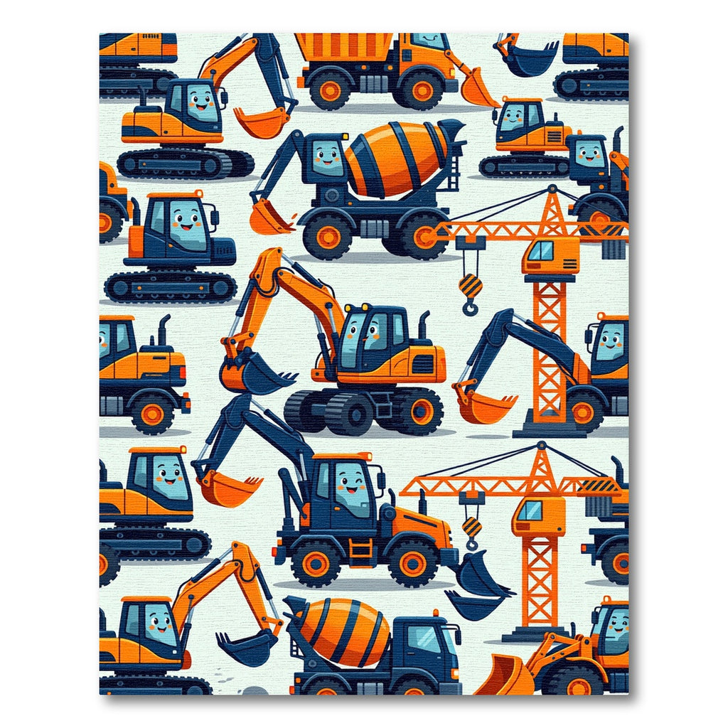 Playful Orange Cartoon Construction Vehicle Art Rug
