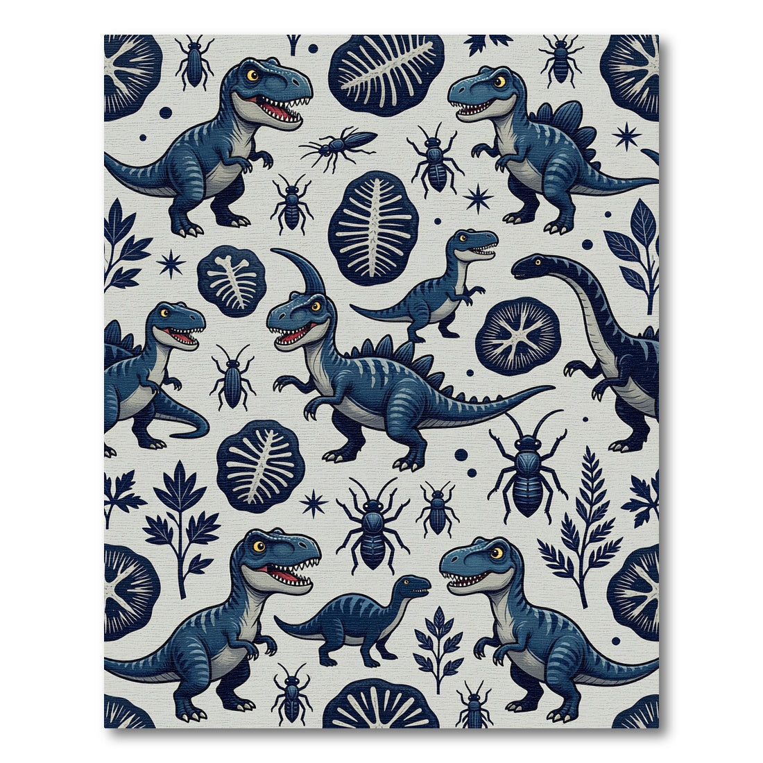 Blue Prehistoric Dinosaur and Fossil Illustration Rug
