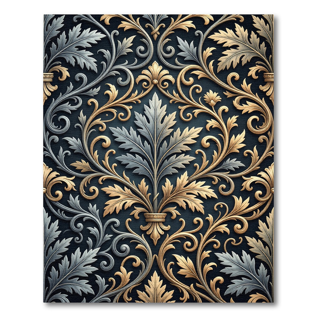 Elegant Gold and Silver Acanthus Scrollwork Rug