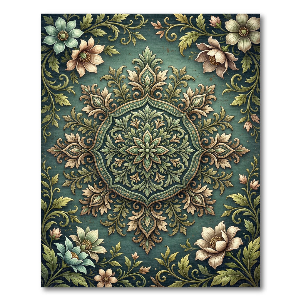 Elegant Sage Botanical Floral Medallion Rug