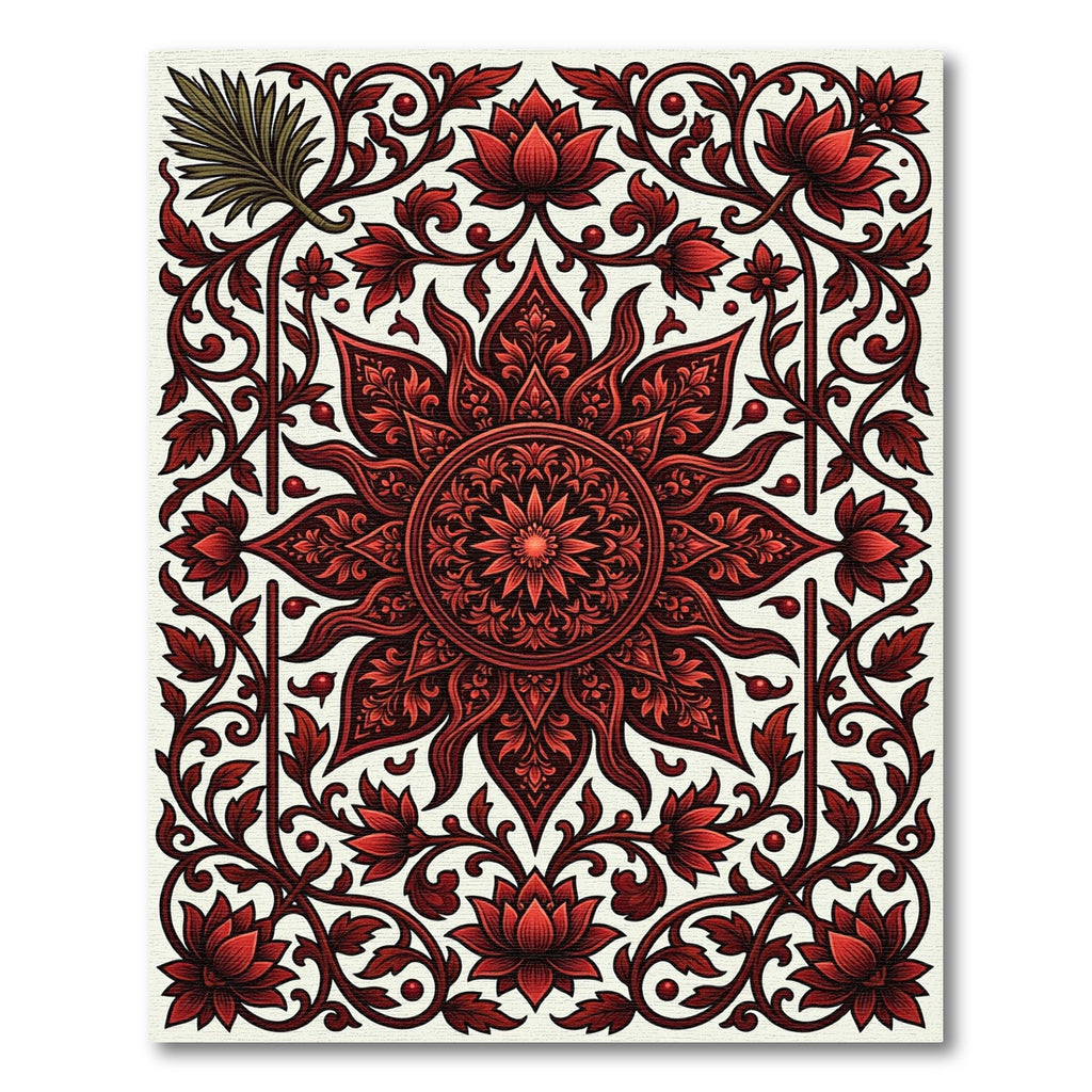 Crimson Floral Sunburst Mandala Rug