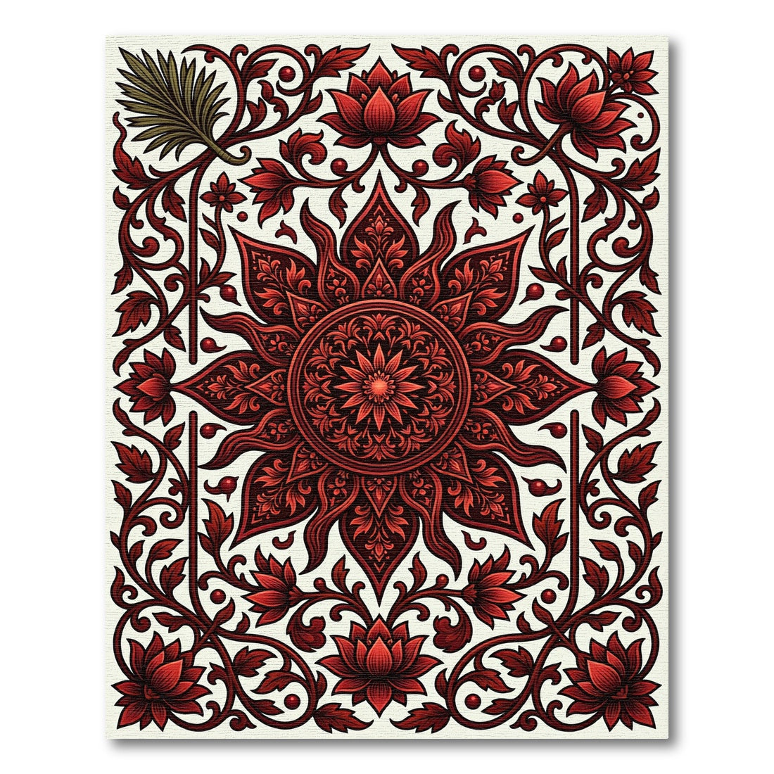 Crimson Floral Sunburst Mandala Rug