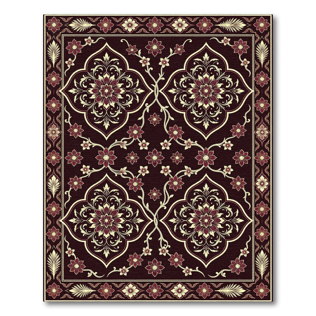 Dark Red Floral Medallion Lattice Rug