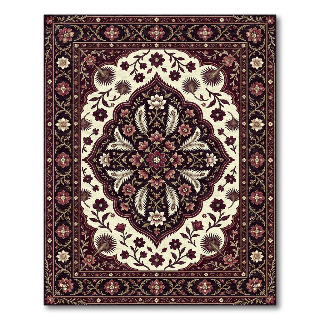 Deep Burgundy Cream Floral Medallion Rug