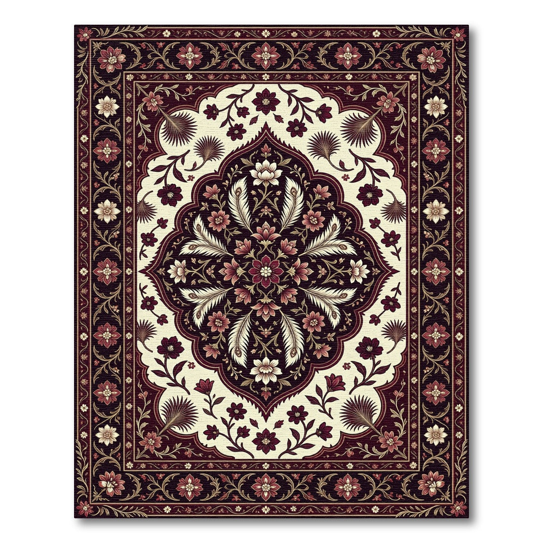 Deep Burgundy Cream Floral Medallion Rug