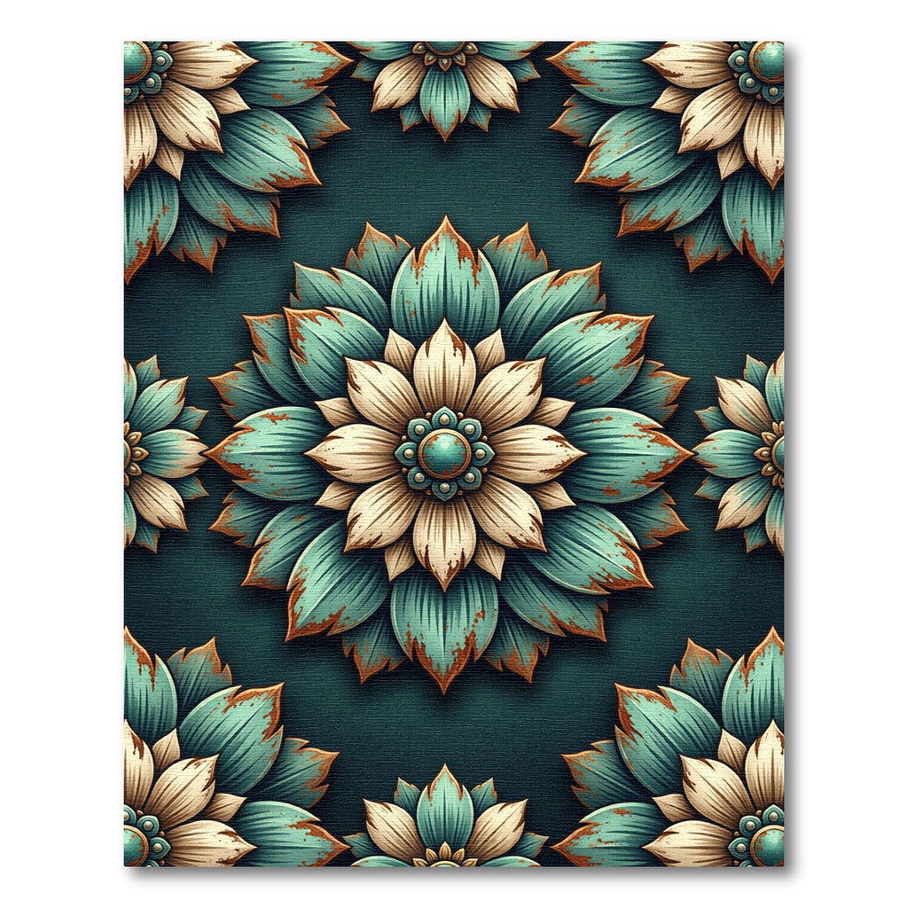 Distressed Teal Cream Floral Lotus Rug