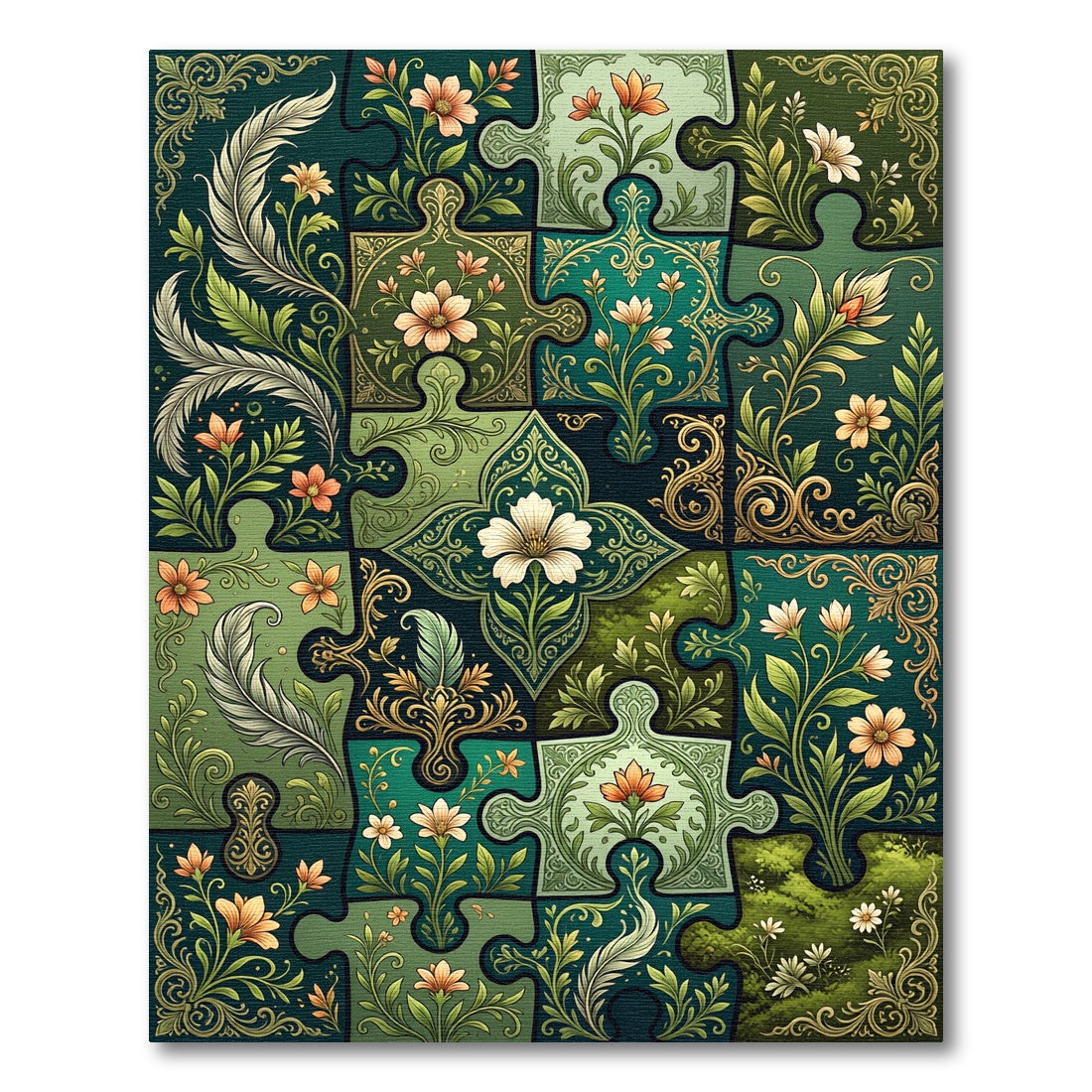 Emerald Green Floral Puzzle Artwork Rug