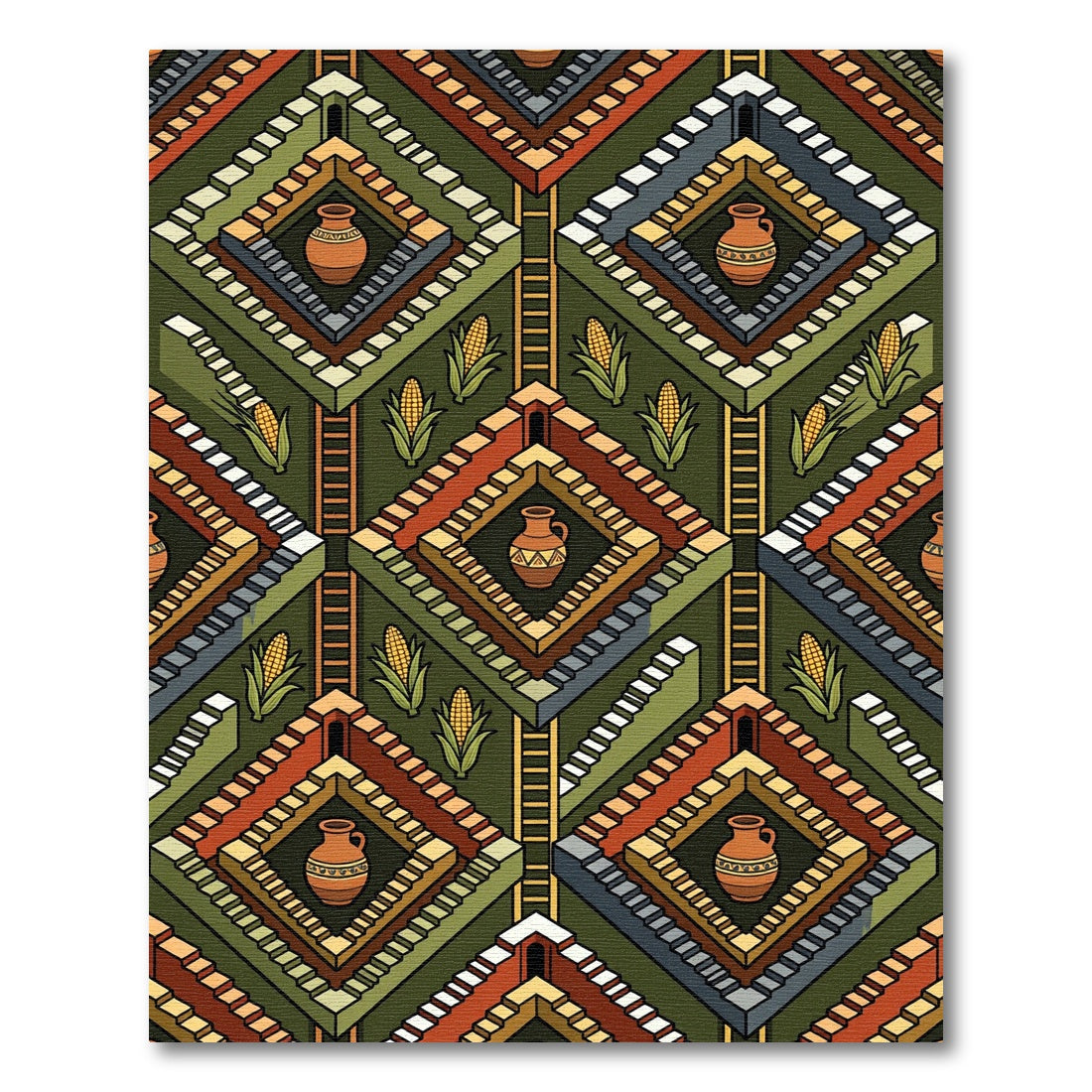 Geometric Mesoamerican Step Pyramid Earthy Tile Rug